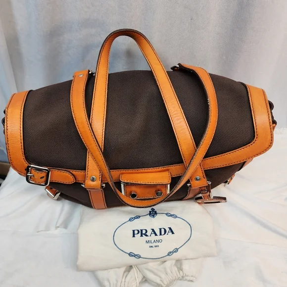 Prada Authentic Vintage Canvas & Leather Bowling Bag Purse Made in Italy!  🇮🇹 - Picture 3 of 15